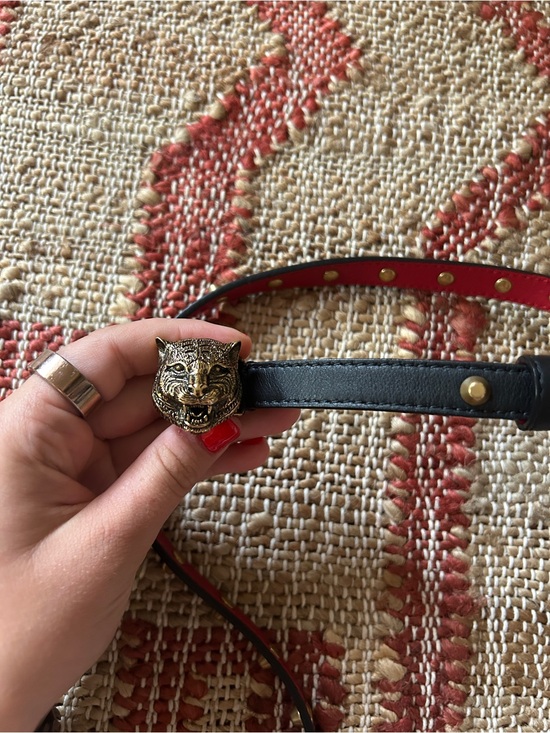 Accessories - Designer inspired Black and authentic Red Leather Belt with Gold Tiger Buckle